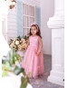 Blush Pink Pearl Beaded Satin Tulle Flower Girl Dress